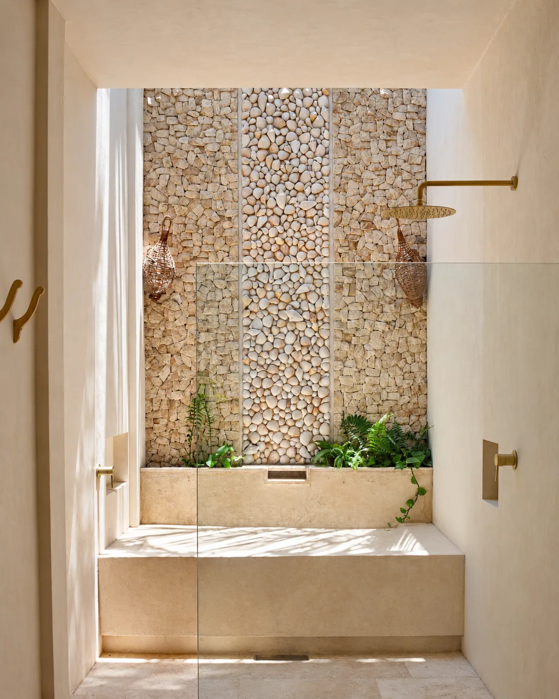 Baño boutique con mosaicos y luz cálida en Coco Calin