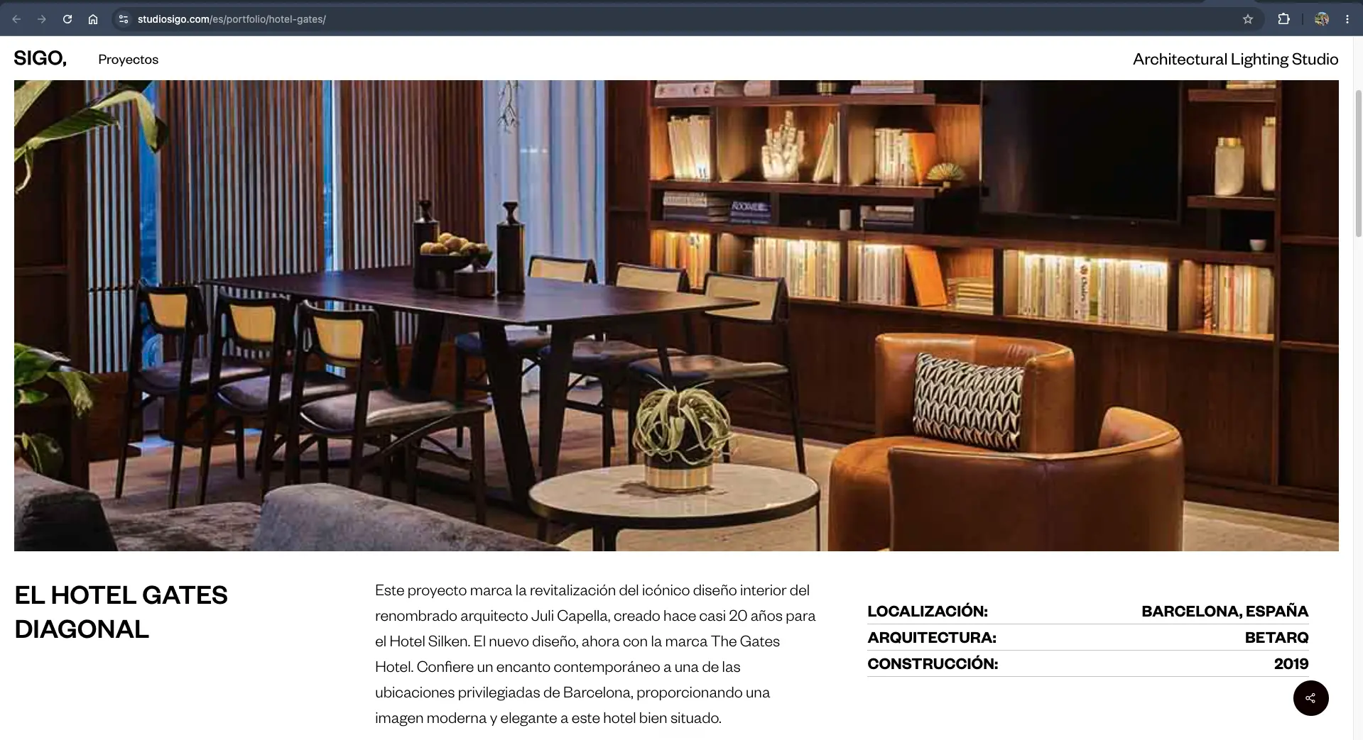 Publicación de Studio Sigo sobre los espacios de The Gates Hotel