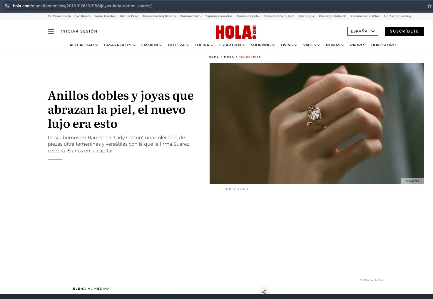 Artículo de ¡HOLA! sobre las joyas y la colaboración de Suárez