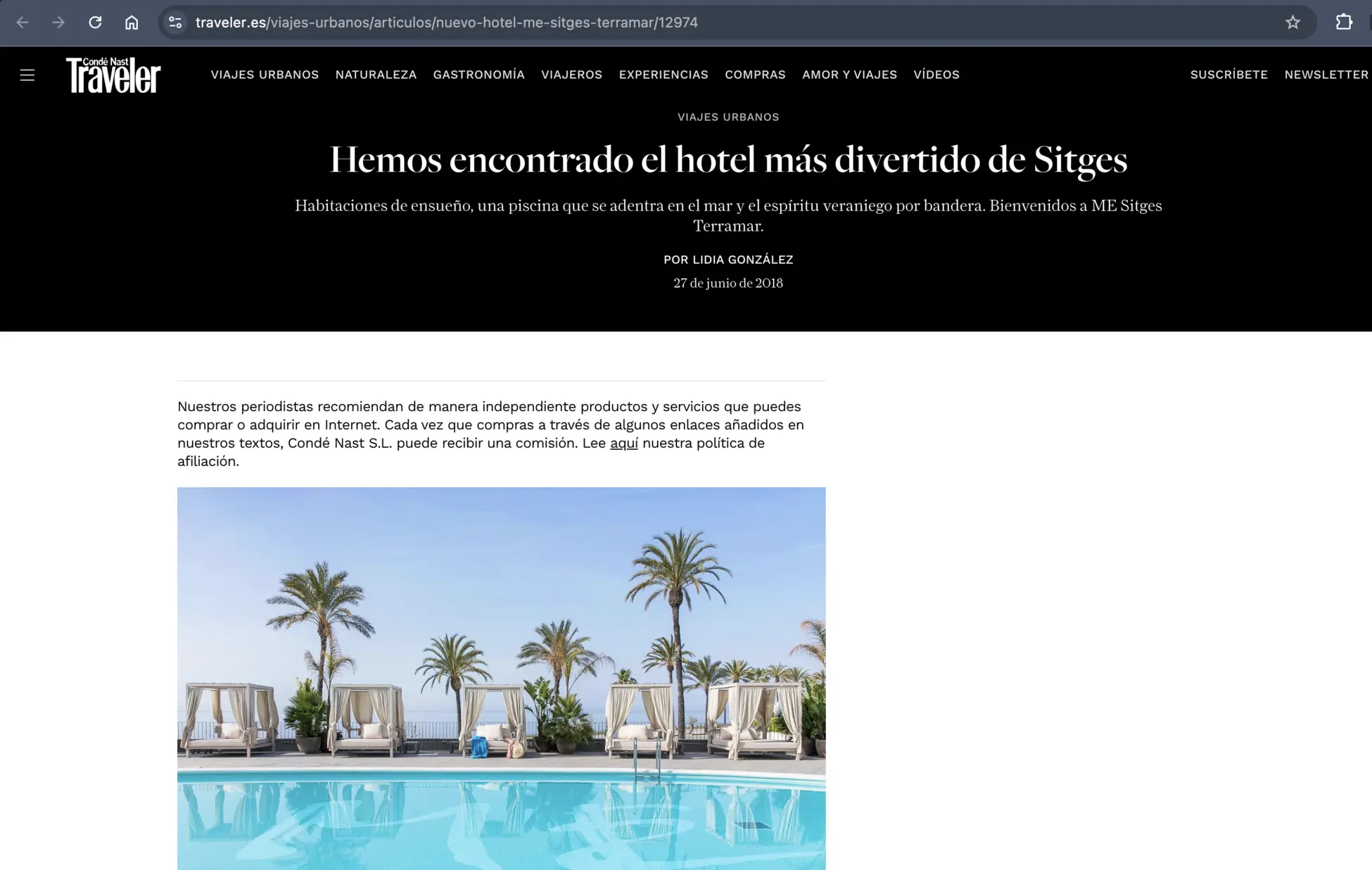 Publicación de Condé Nast Traveler sobre Meliá ME Sitges Terramar