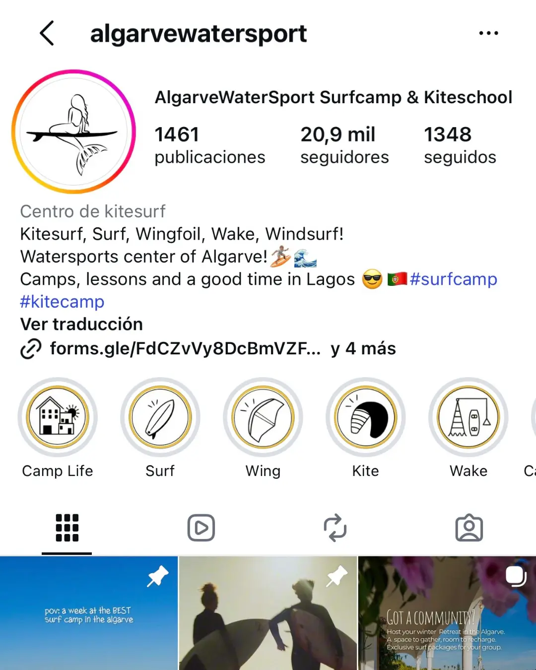 Captura de la cuenta de Instagram de Algarve Watersport con su presentación visual