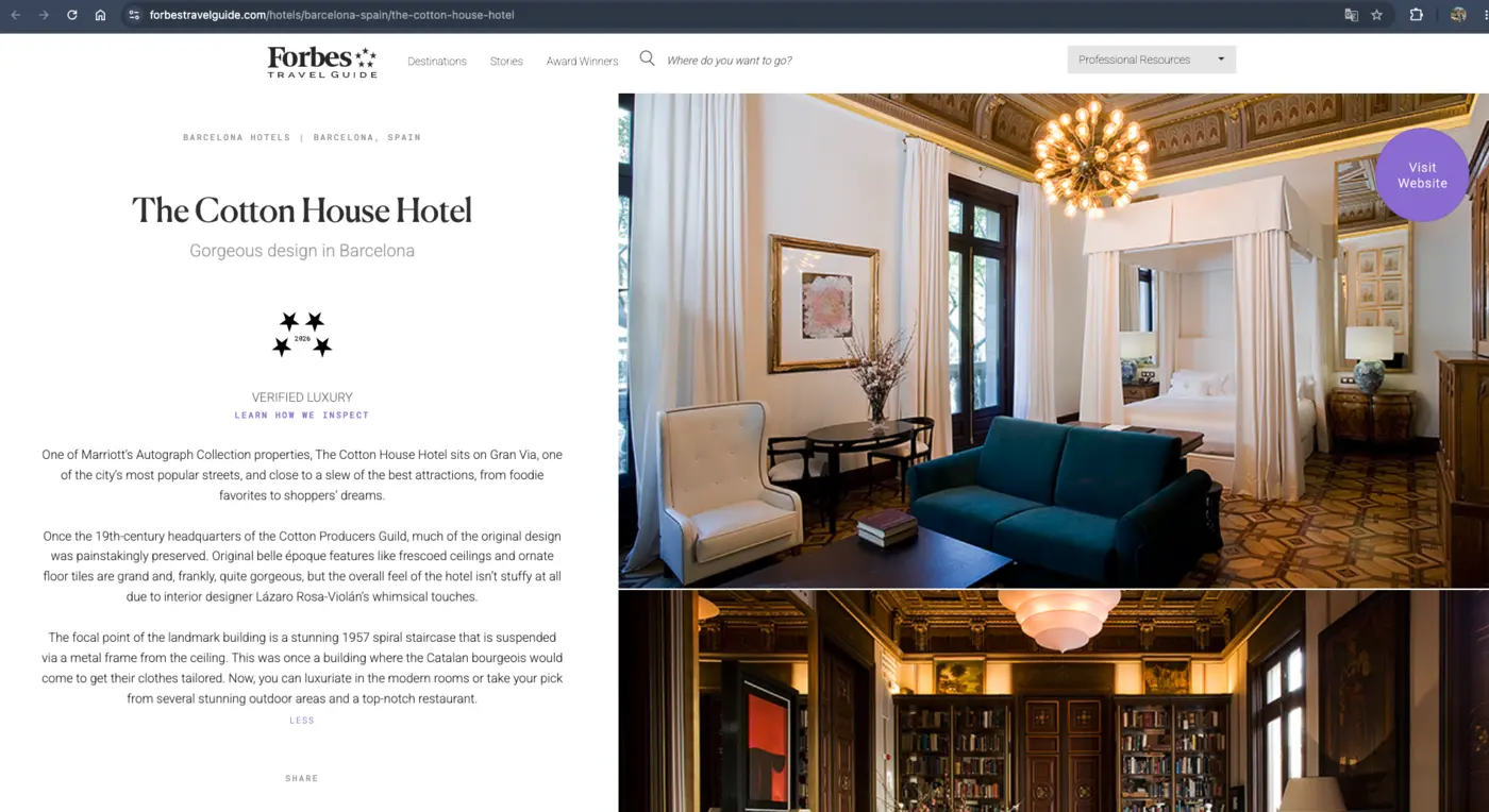 Ficha del Cotton House Hotel en Forbes Travel Guide