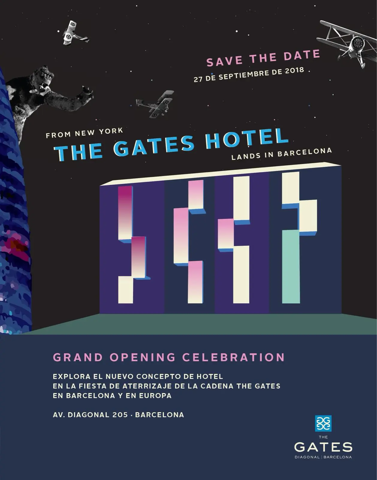 Invitación gráfica al grand opening de The Gates Hotel